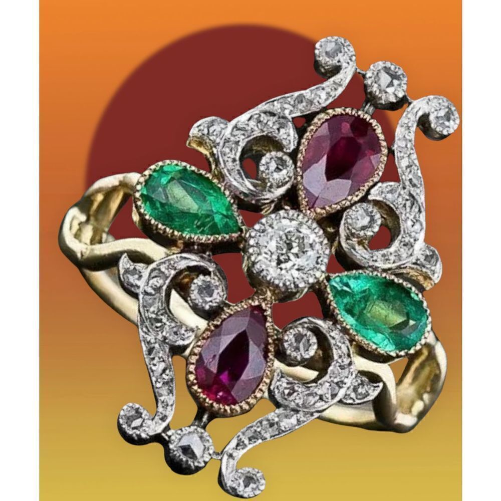 GORGEOUS RUBIES & EMERALDS YELLOW GOLD FASHION RING 6,7,9,10